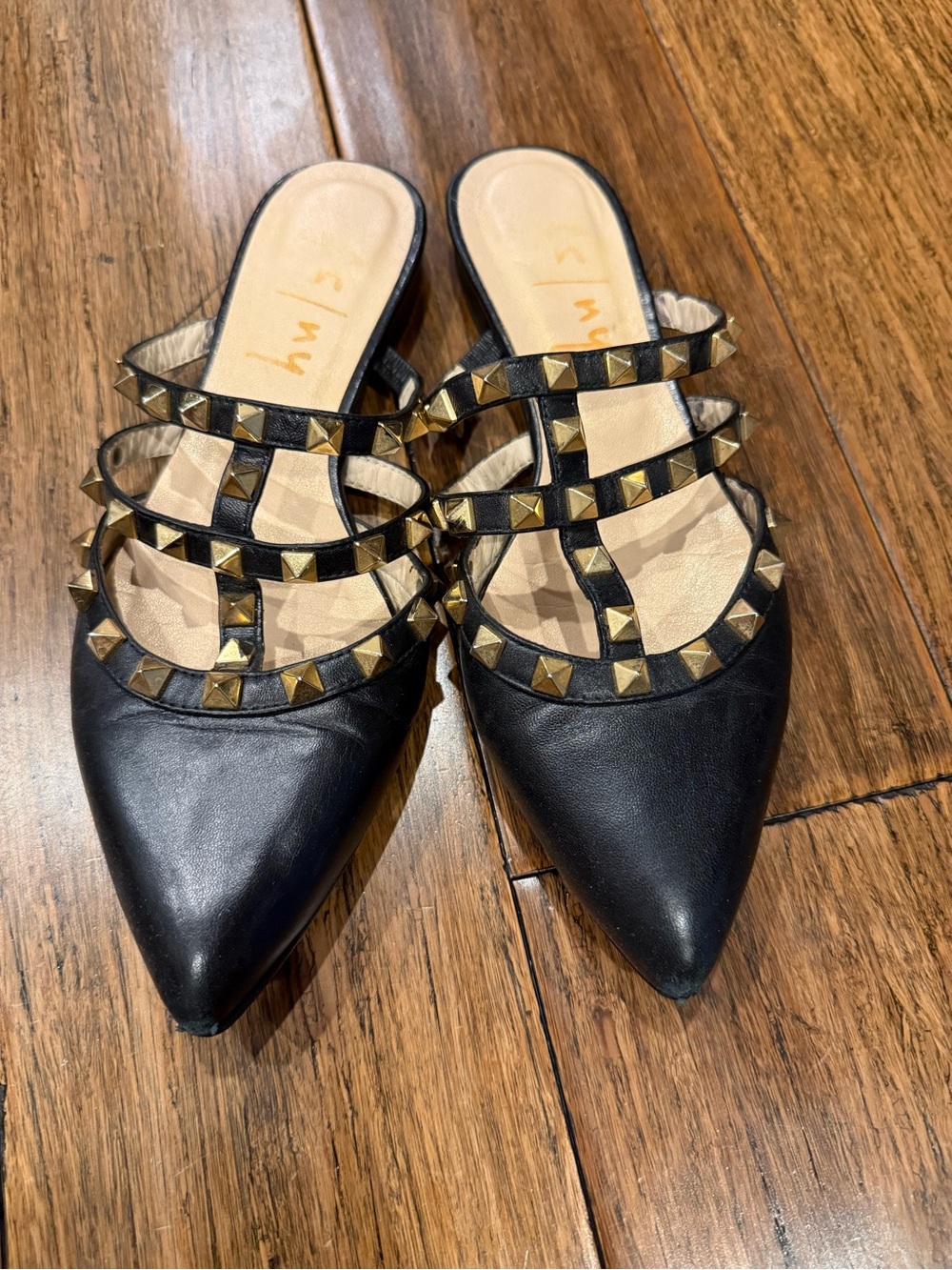 French Sole Black Pointed Studded Slip-On Mules